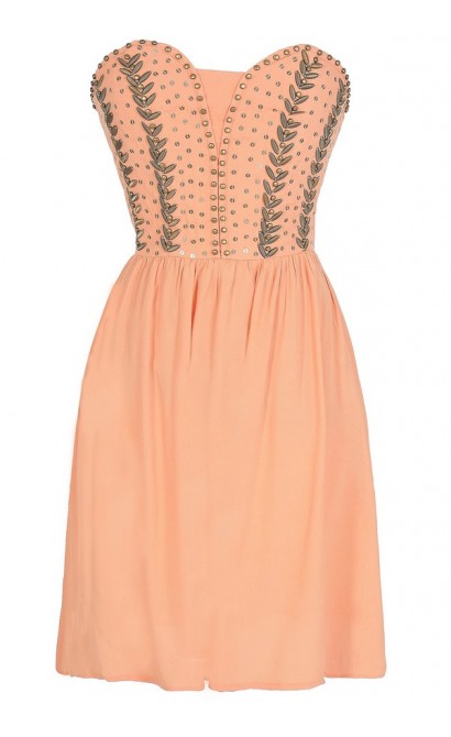 Antique Bronze Embellished Dress in Orange Peach